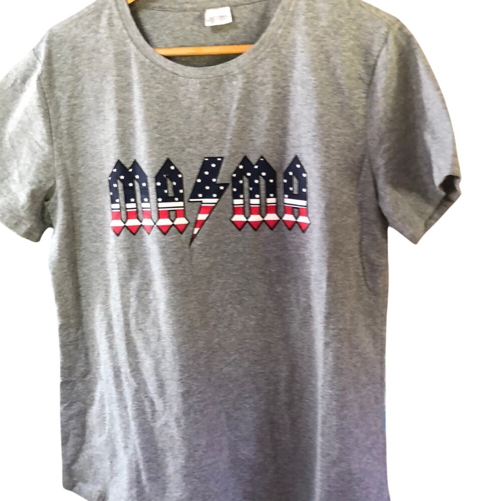 Gray Graphic Mom Tee with Patriotic AC/DC design reading MA/MA